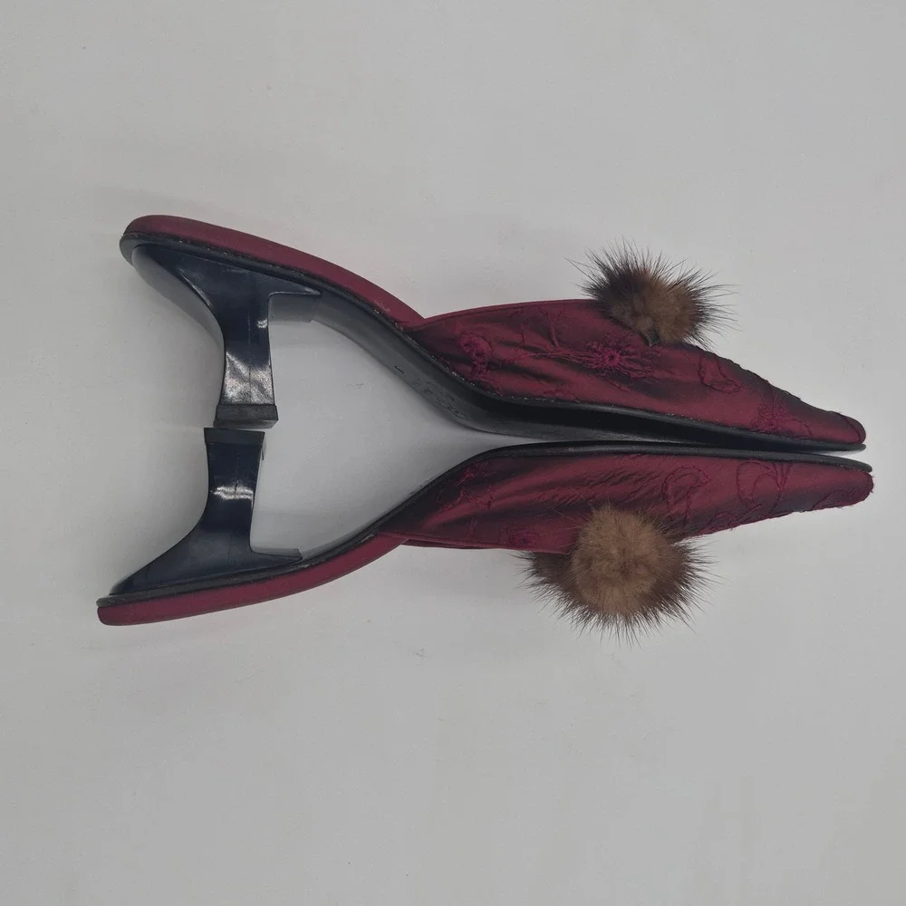 Olivia Rose Tal Italy Burgundy Satin Fur Trim Floral Embroidered Mules Heels 9